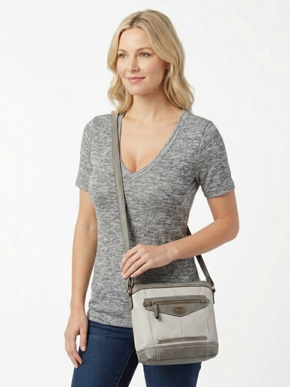 BOC gray crossbody bag adjustable strap power bank holder lots of pockets EUC